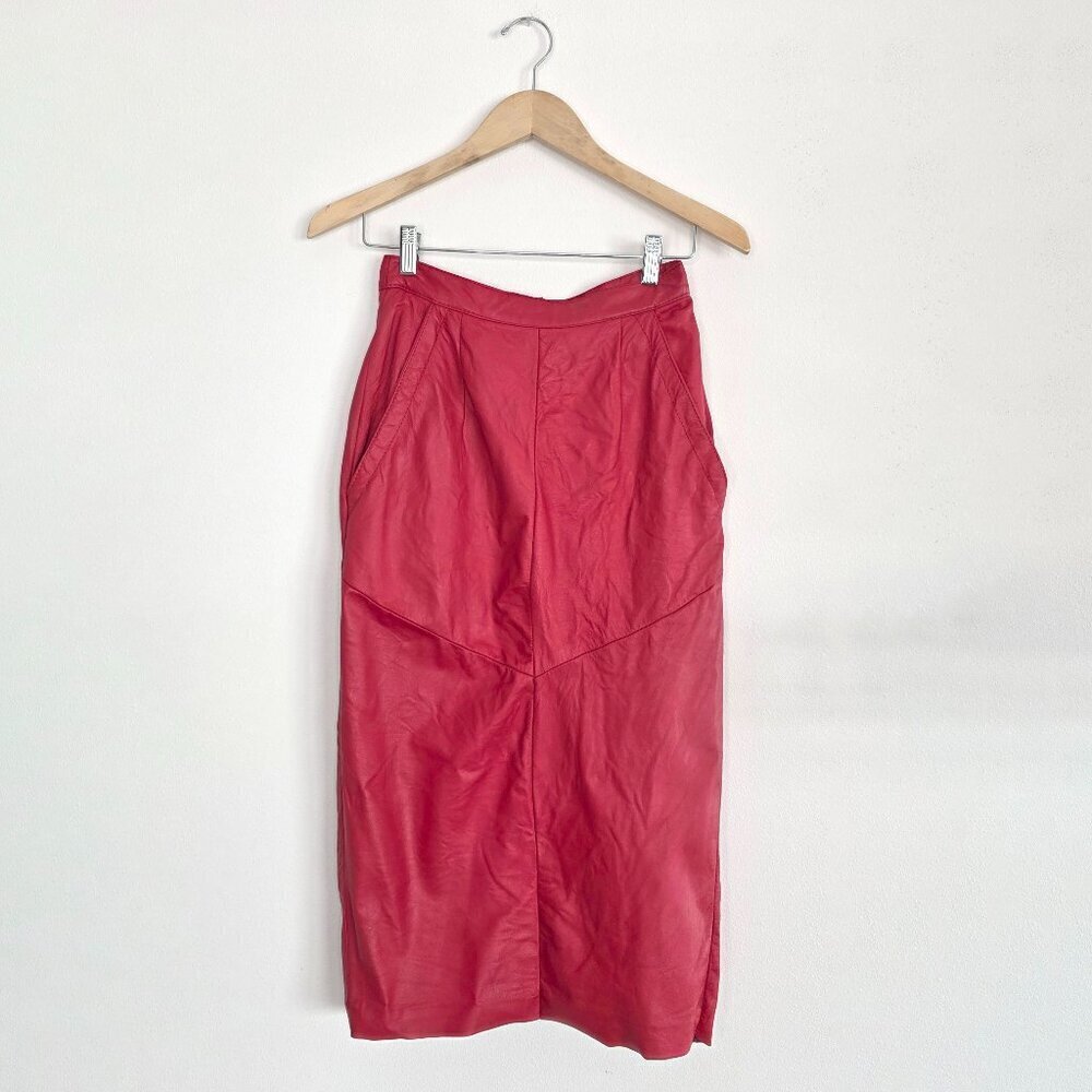 Vintage 80s/90s Red Genuine Leather Pencil Skirt, High Waist, edgy, biker, retro